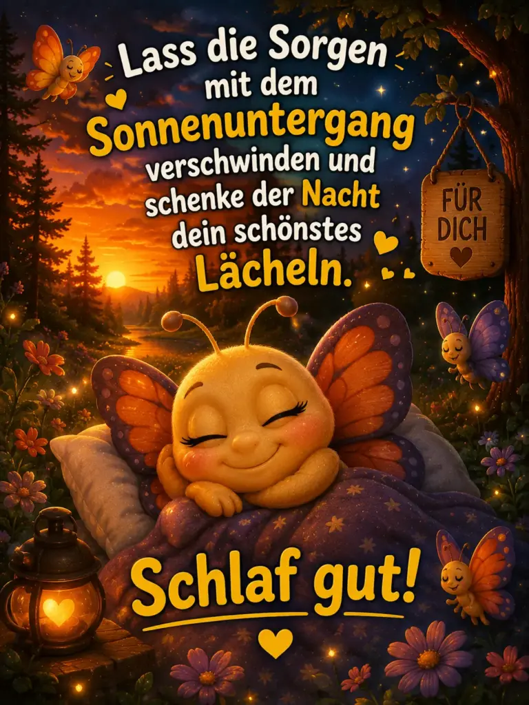 Gute Nacht Bilder kostenlos – Süßer Schmetterling bei Sonnenuntergang