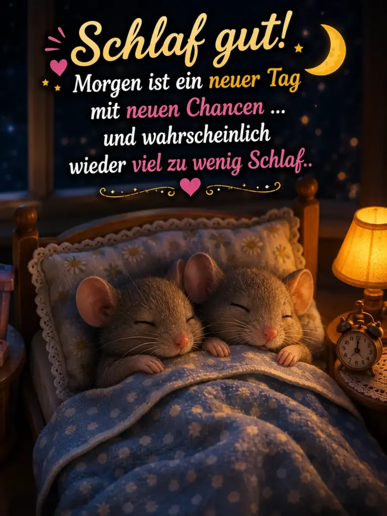 Gute Nacht Bilder kostenlos – Zwei süße Mäuse im Bett