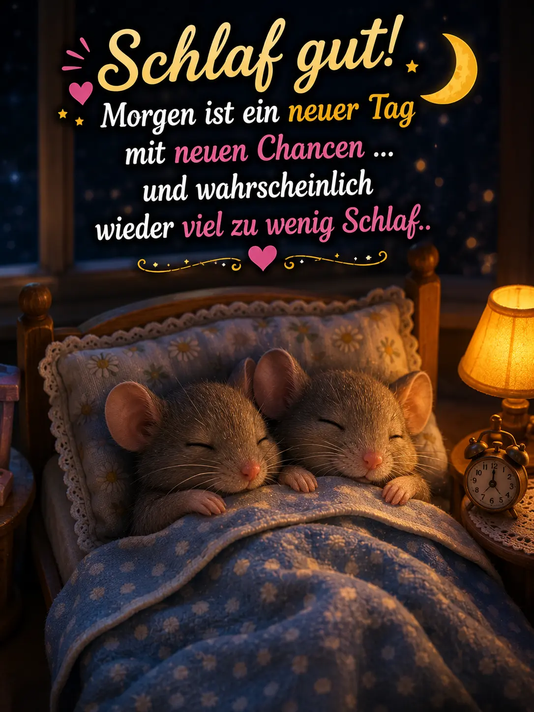 Gute Nacht Bilder kostenlos – Zwei süße Mäuse im Bett