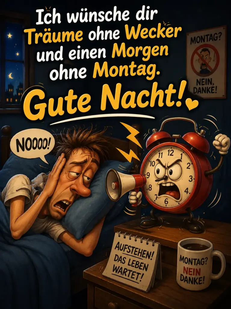 Gute Nacht Bilder lustig kostenlos – Anti Montag Motiv mit Wecker