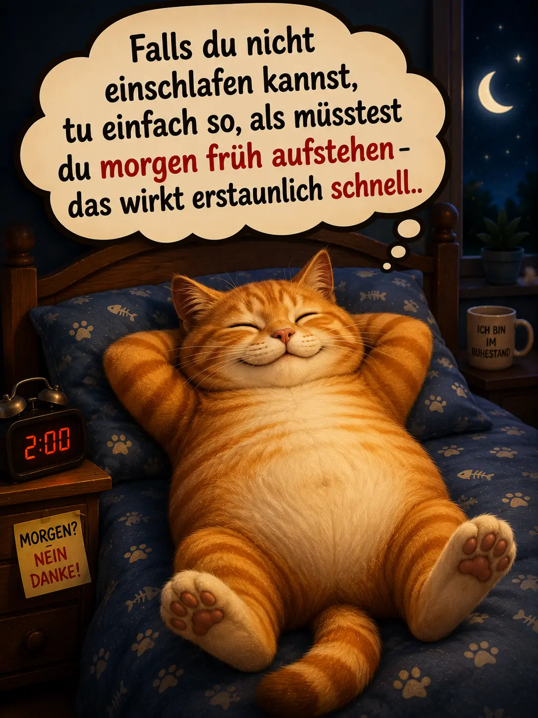 Gute Nacht Bilder lustig kostenlos – Faule Katze im Bett mit Einschlaftrick