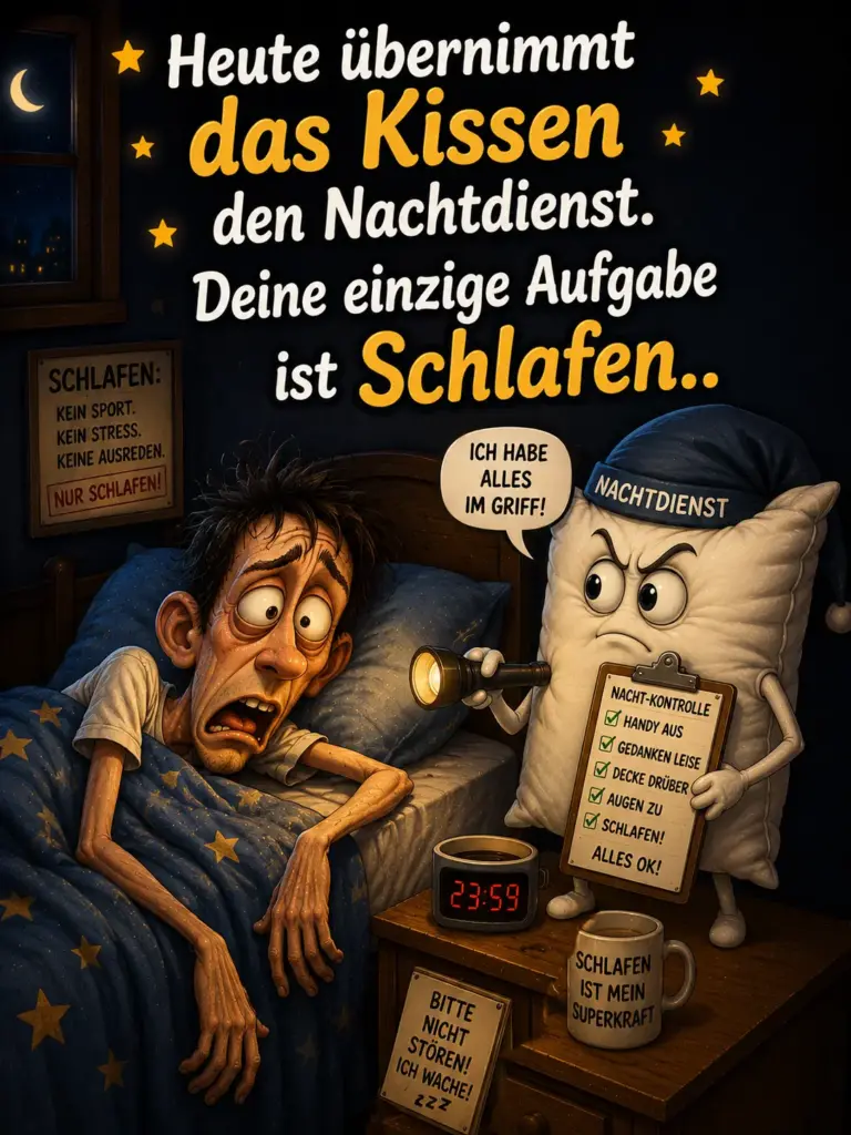 Gute Nacht Bilder lustig kostenlos – Kissen übernimmt den Nachtdienst