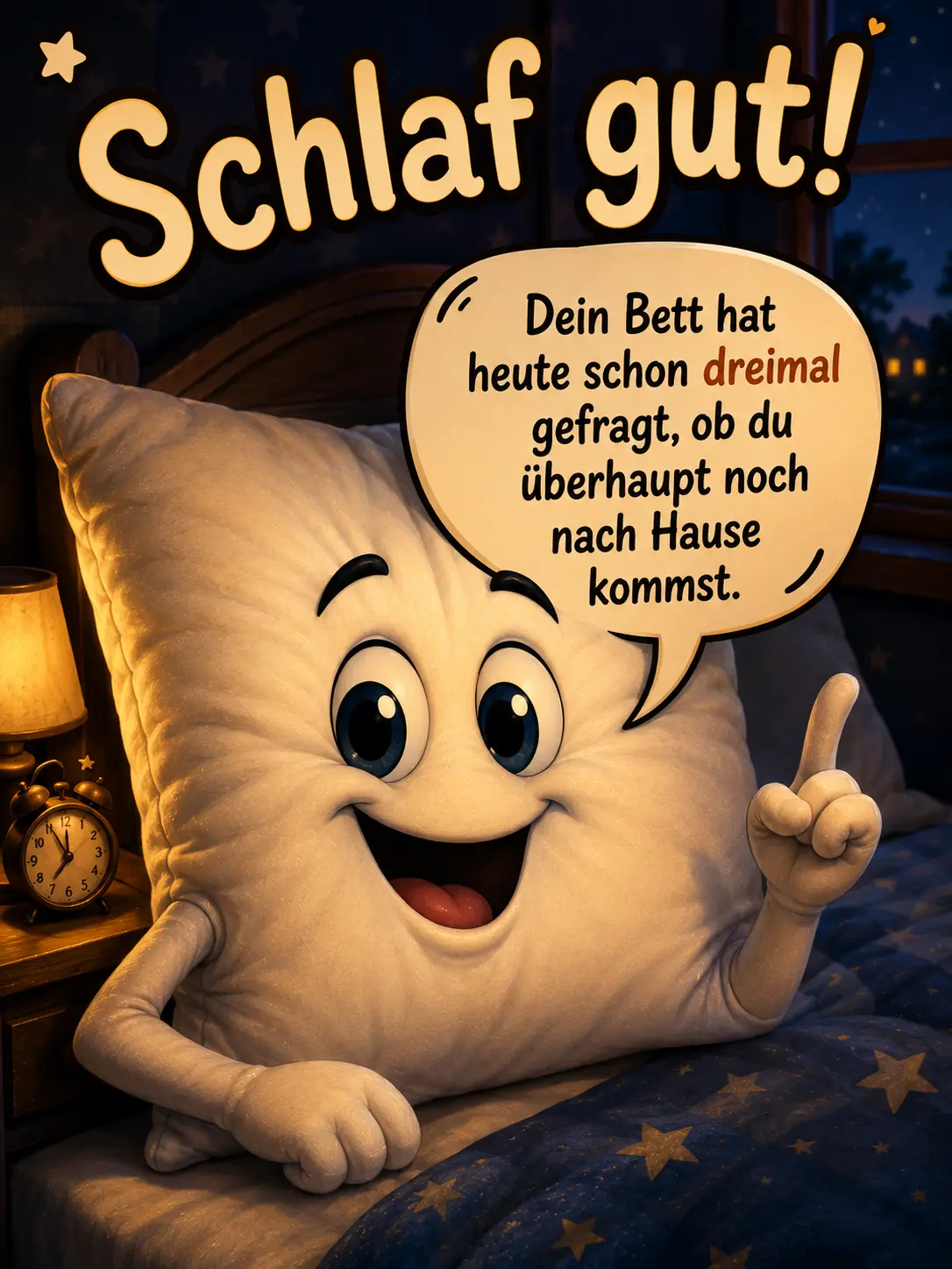 Gute Nacht Bilder lustig kostenlos – Redendes Kissen wartet im Bett