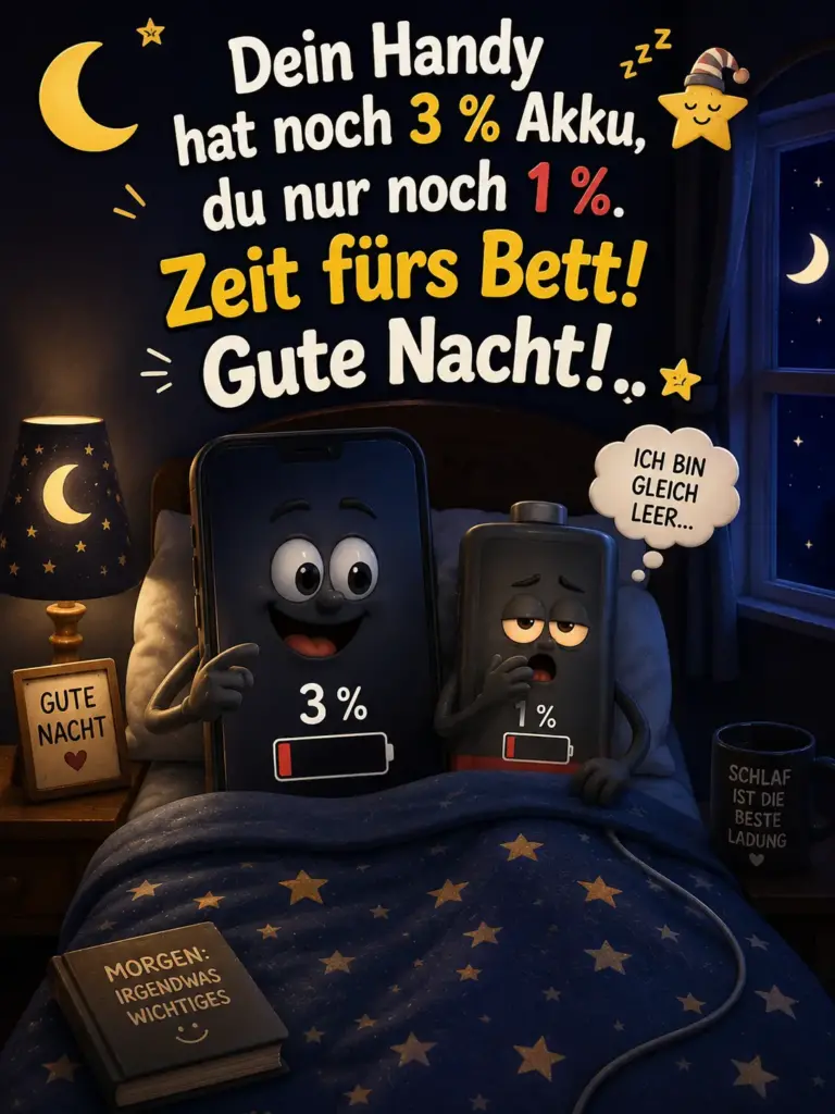 Gute Nacht Bilder lustig – Handy und Batterie mit wenig Akku im Bett
