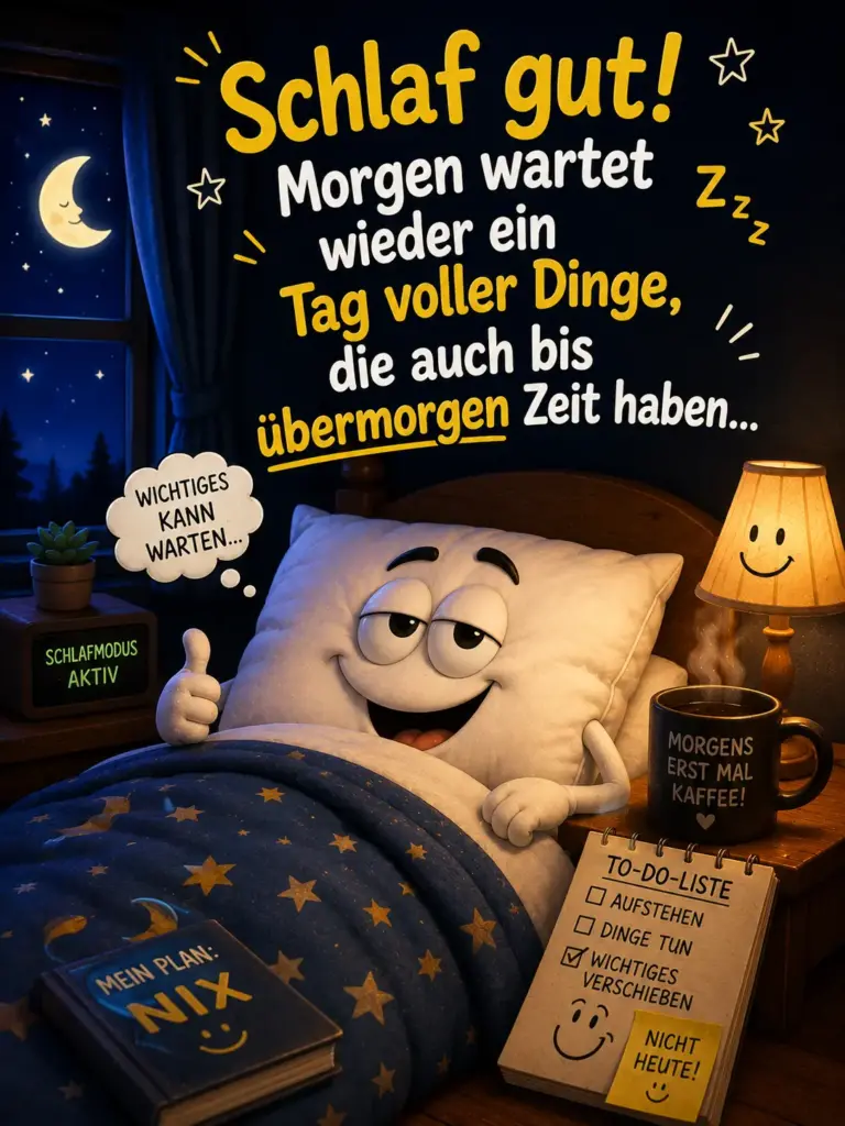 Gute Nacht Bilder lustig – Lebendiges Kissen mit To-Do-Liste