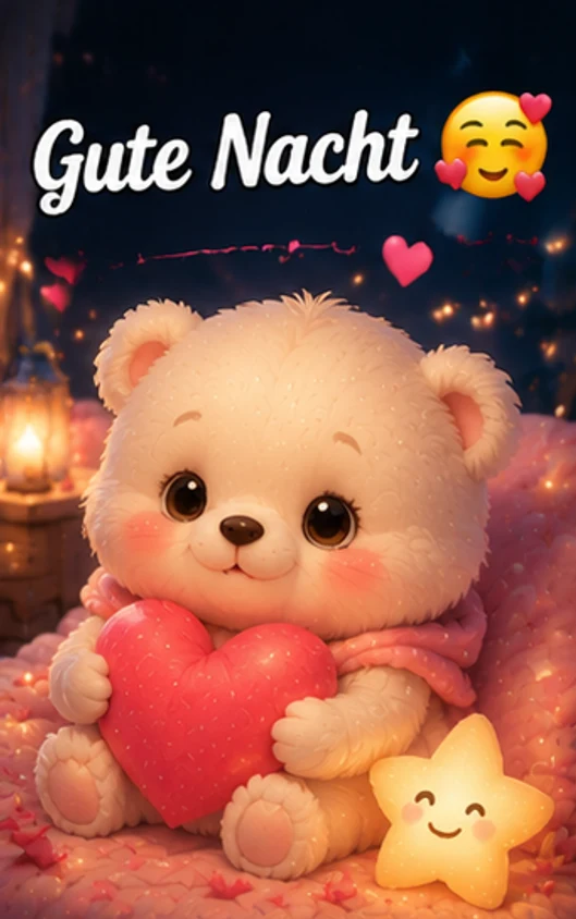 Gute Nacht Bilder mit süßem Teddybär und rosa Herz