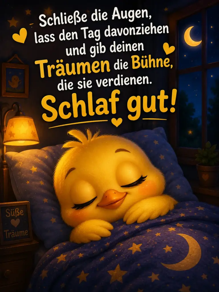 Gute Nacht Bilder neu kostenlos – Schlafendes gelbes Küken im Bett