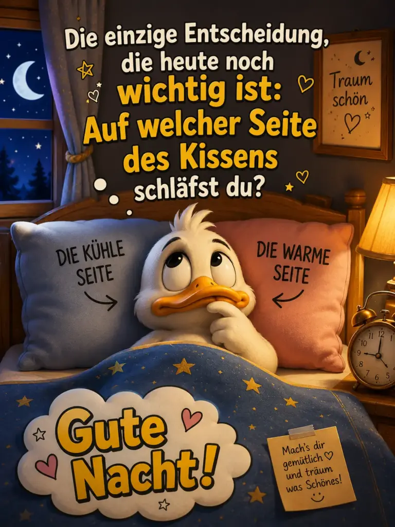 Gute Nacht Bilder neu – Lustige Ente im Bett