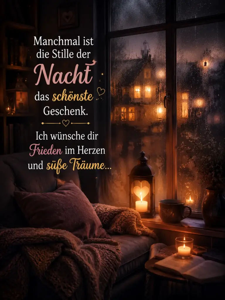 Gute Nacht Bilder – Gemütliche Leseecke am Fenster bei Regen