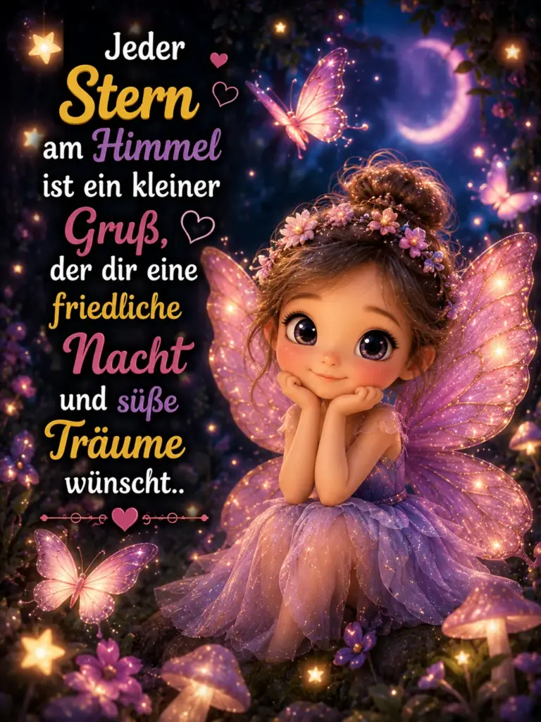 Gute Nacht Bilder – Kleine magische Fee im funkelnden lila Kleid
