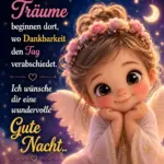 Gute Nacht Bilder mit einem schläfrigen kleinen Engel, der eine rosane Rosenkrone trägt und auf weichen Wolken unter einem funkelnden Sternenhimmel mit Mondsichel sitzt.