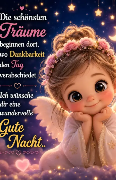 Gute Nacht Bilder mit einem schläfrigen kleinen Engel, der eine rosane Rosenkrone trägt und auf weichen Wolken unter einem funkelnden Sternenhimmel mit Mondsichel sitzt.