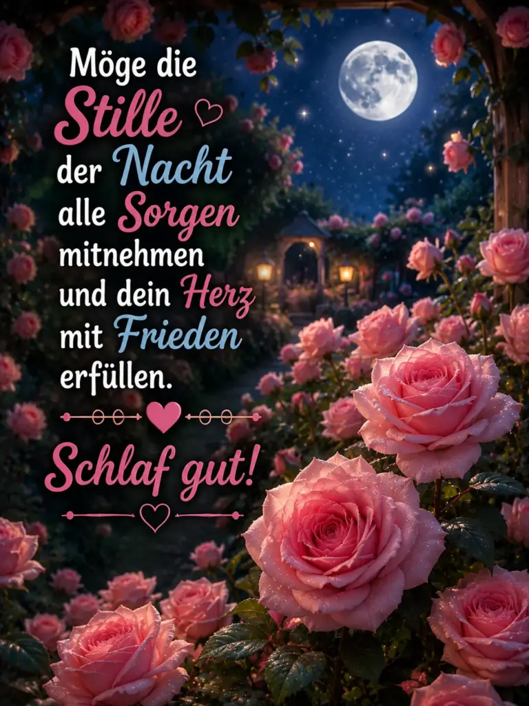 Gute Nacht Bilder – Romantischer Rosengarten bei Vollmond im Hintergrund