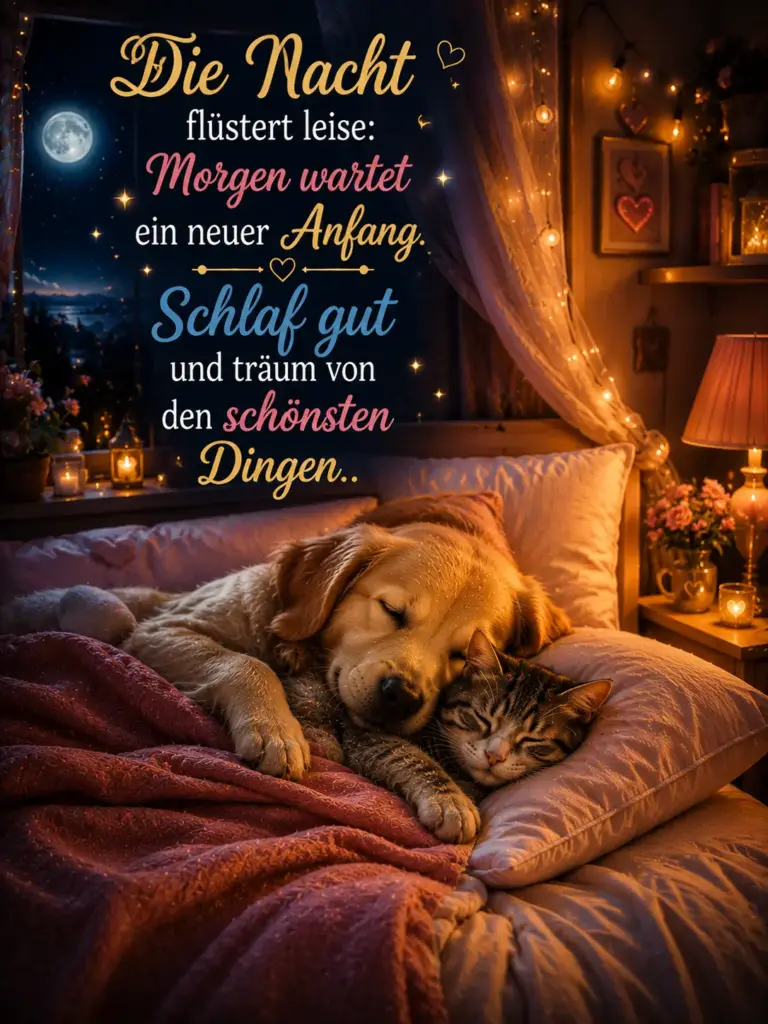 Gute Nacht Bilder – Schlafender Hund und Katze kuschelnd im Bett