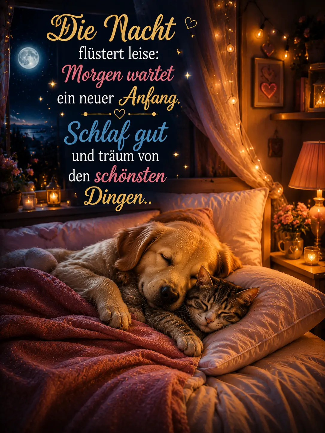 Gute Nacht Bilder – Schlafender Hund und Katze kuschelnd im Bett