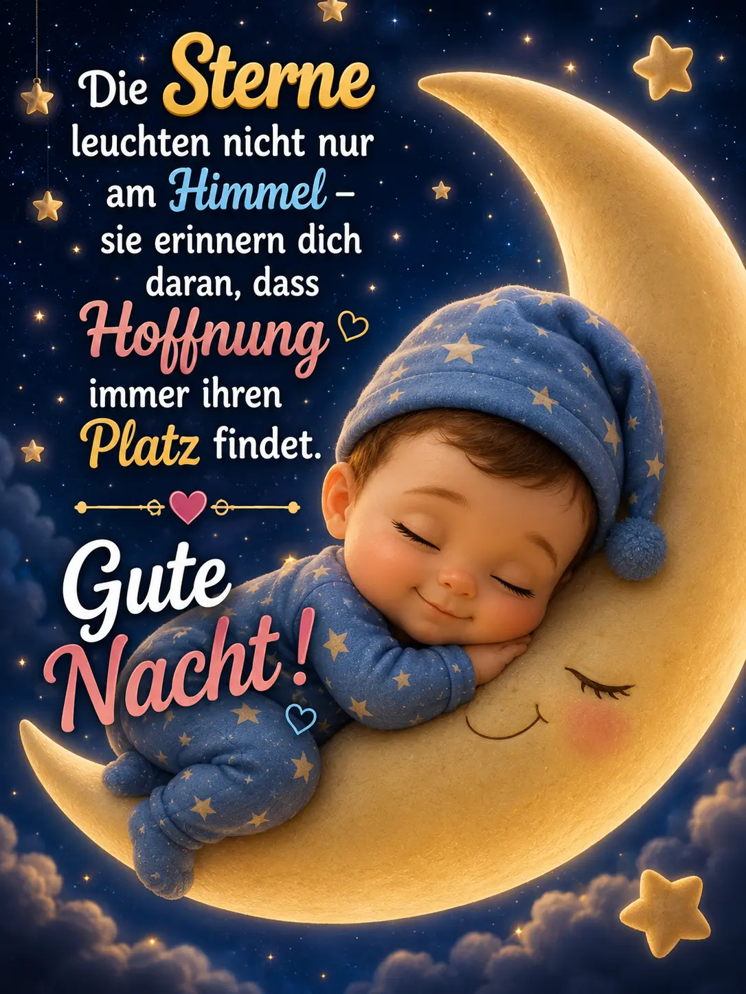 Gute Nacht Bilder – Schlafendes Baby auf dem Mond mit Sternen und Hoffnung