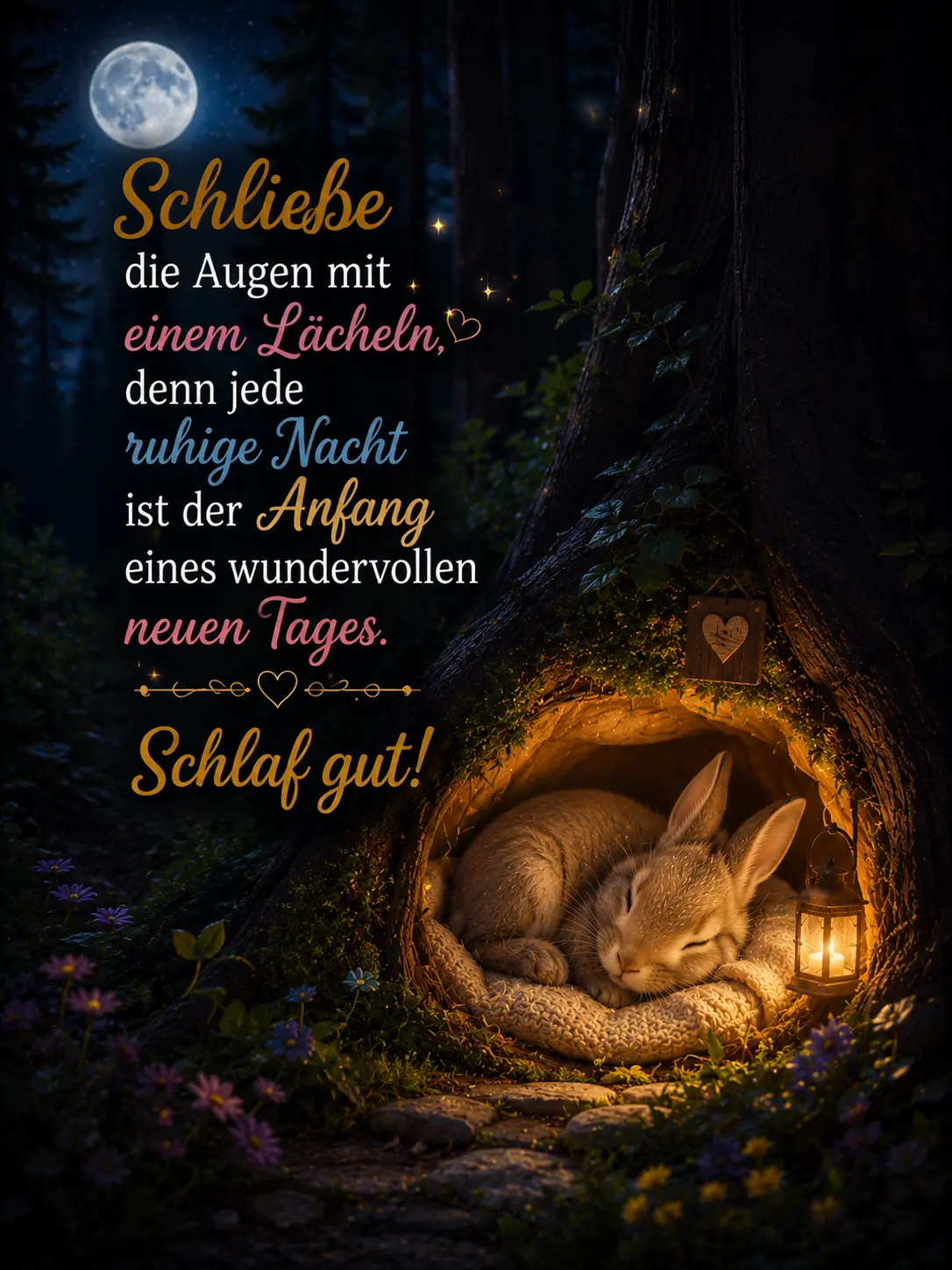Gute Nacht Bilder – Schlafendes kleines Häschen in der warmen Baumhöhle