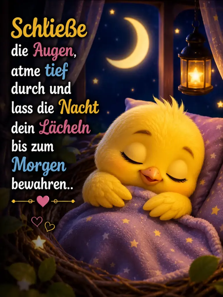 Gute Nacht Bilder – Schlafendes süßes Küken im Bett mit Mondschein