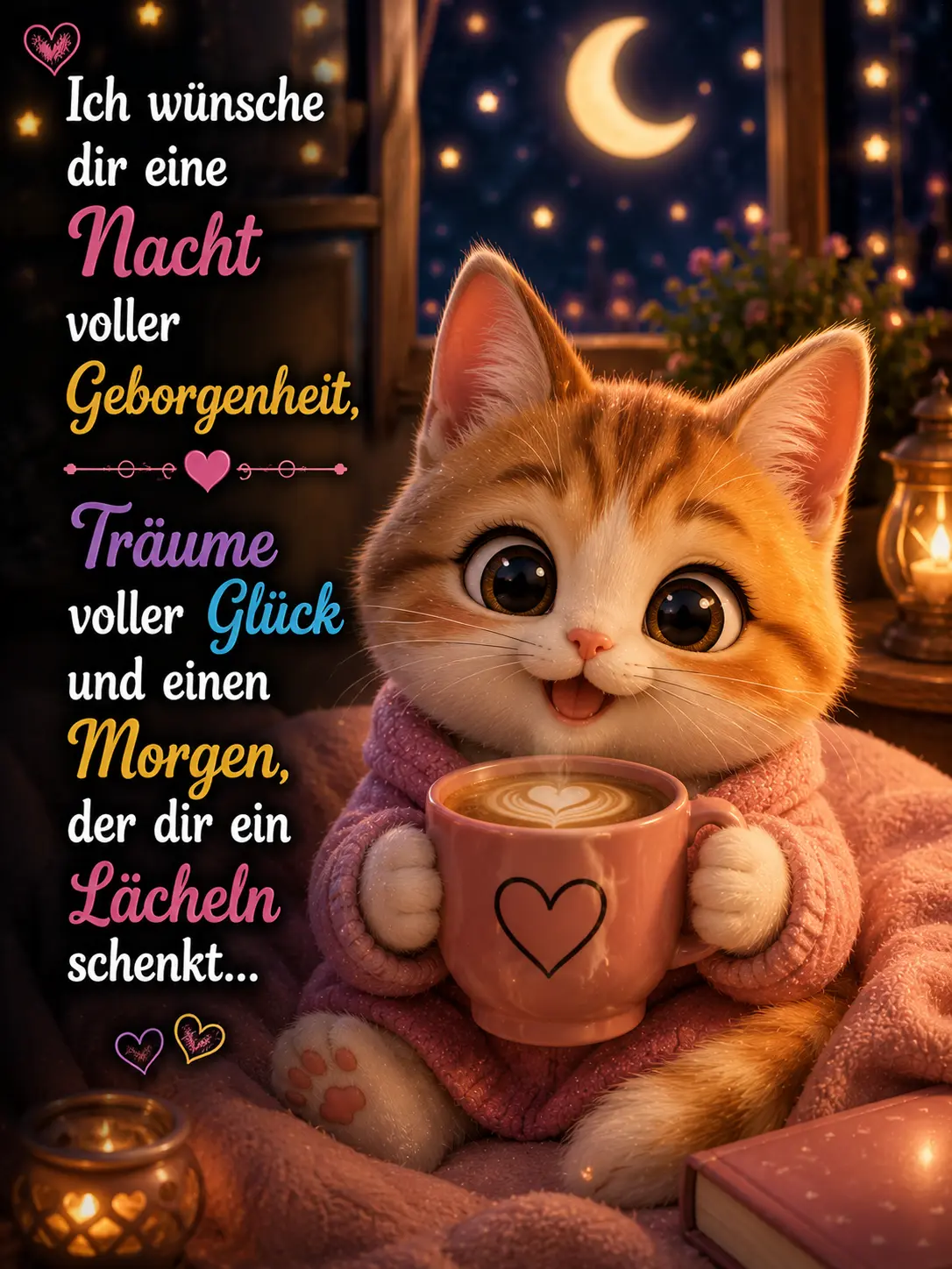 Gute Nacht Bilder – Süße kleine Katze mit warmer Kaffeetasse im Bett