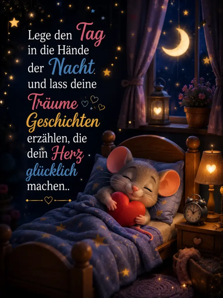 Gute Nacht Bilder – Süße kleine Maus im Bett mit rotem Herz-Kissen