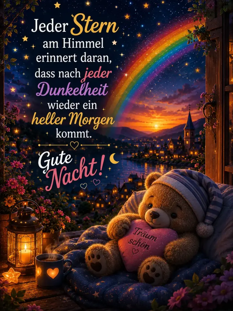 Gute Nacht Bilder – Süßer Teddybär mit Regenbogen und leuchtender Stadt