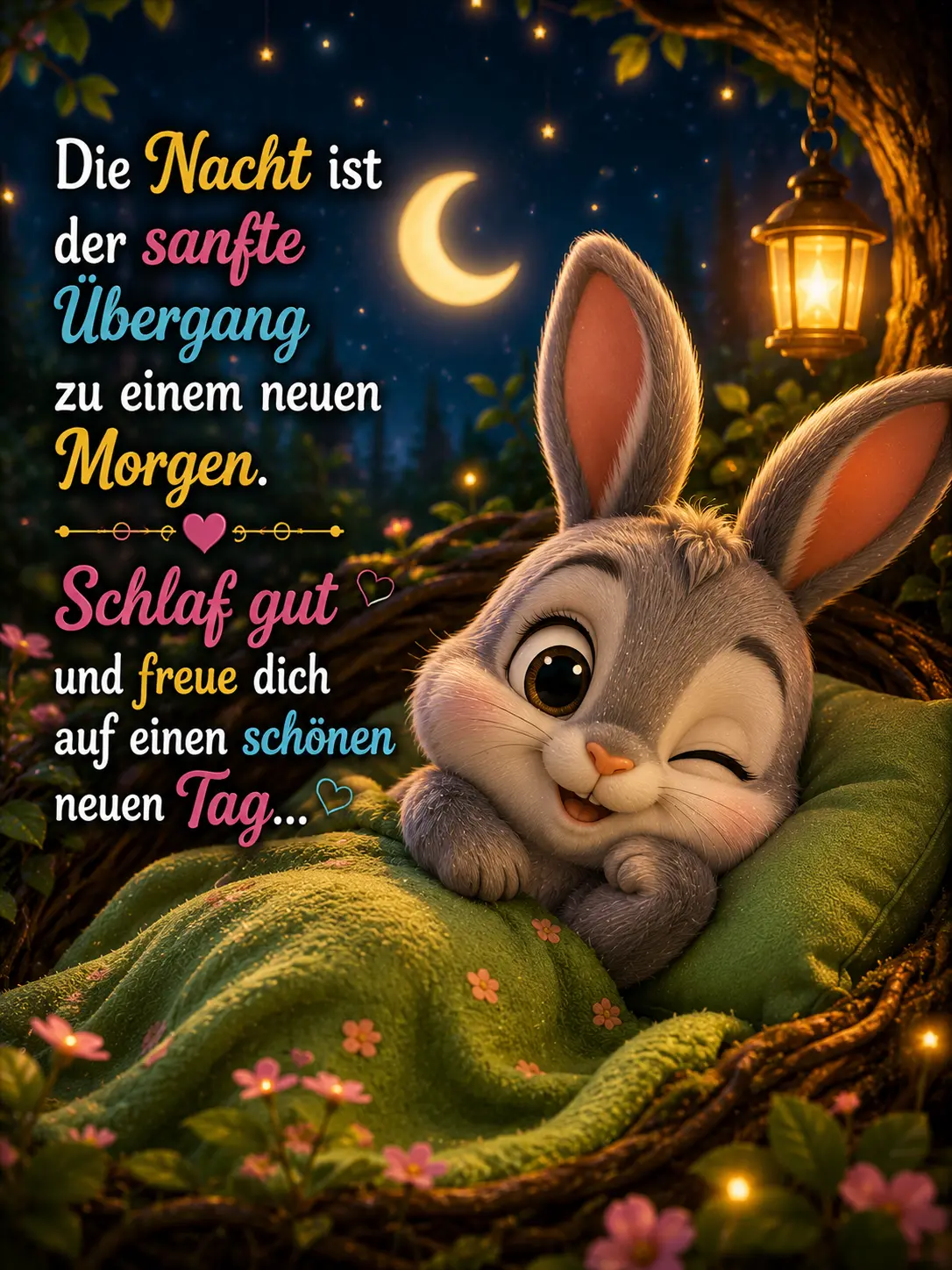 Gute Nacht Bilder – Süßer kleiner Hase im gemütlichen Naturbett bei Mondschein