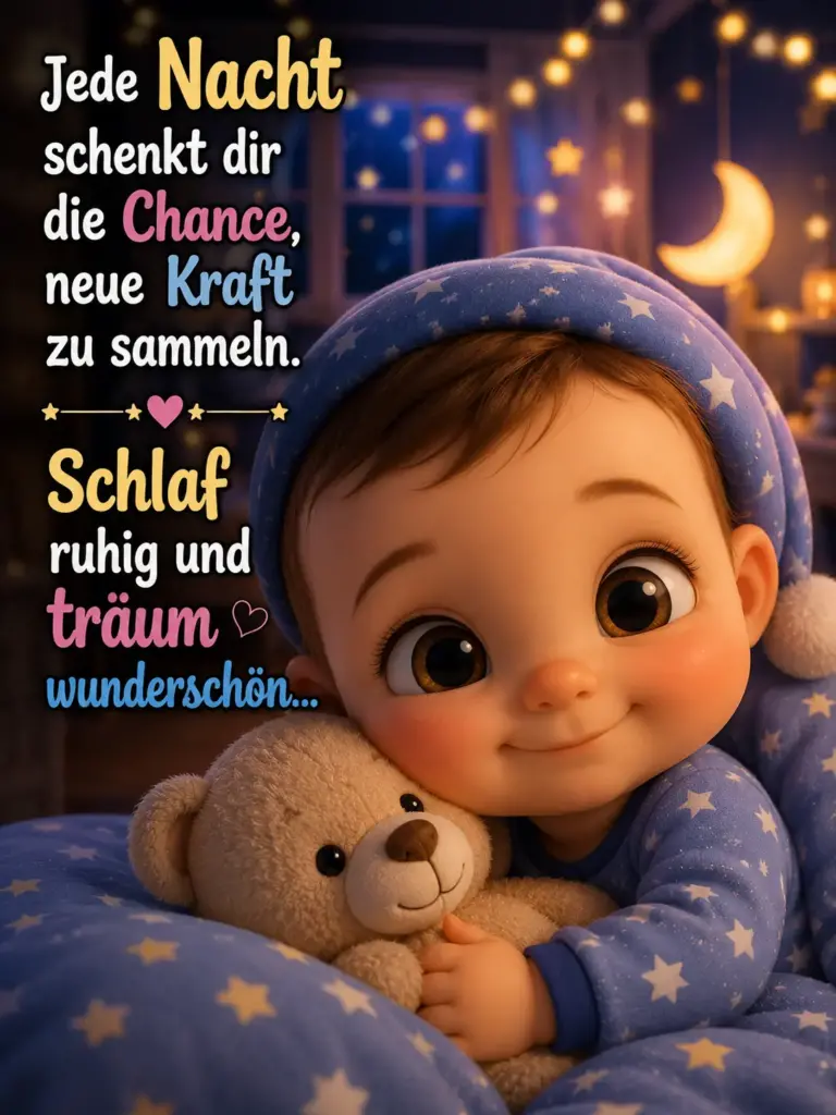 Gute Nacht Bilder – Süßes Baby mit Teddybär und Sternenmütze im Bett