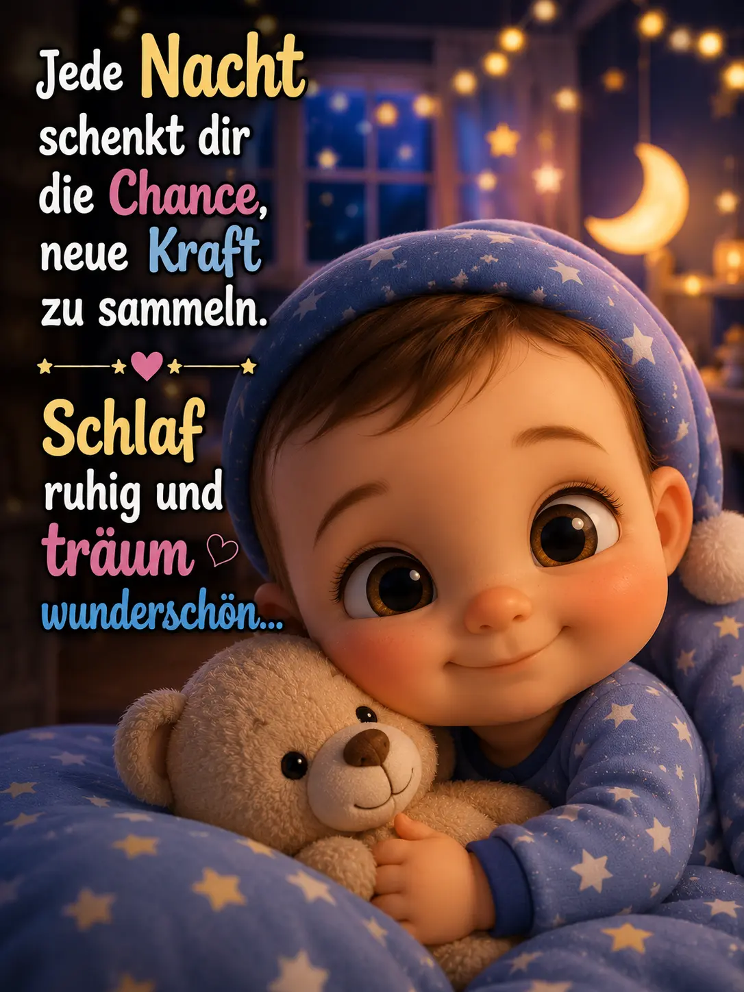 Gute Nacht Bilder – Süßes Baby mit Teddybär und Sternenmütze im Bett