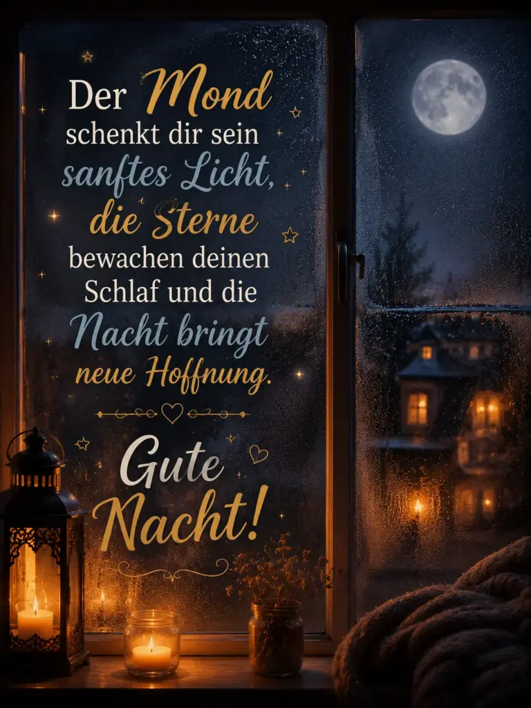 Gute Nacht Bilder – Winterliche Aussicht bei Vollmond durch das Fenster
