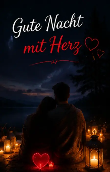 Ein Paar sitzt nachts am See neben brennenden Laternen und einem leuchtenden roten Herz für romantische Gute Nacht Grüße.