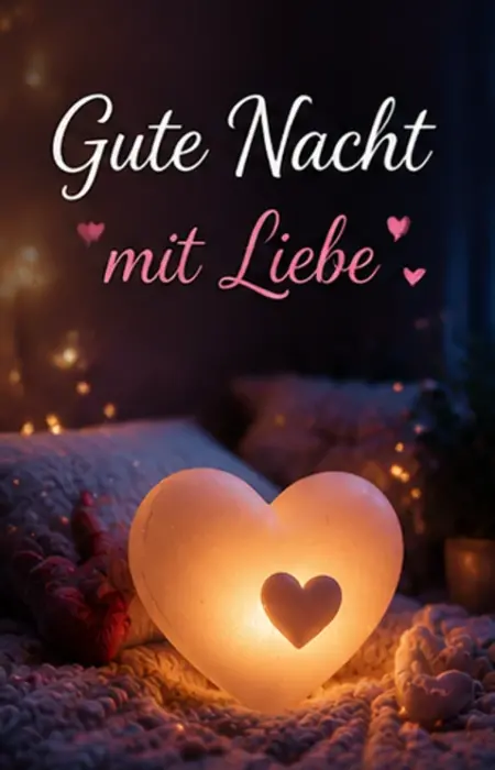 Ein großes leuchtendes Dekoherz auf einer gemütlichen Bettdecke im Schlafzimmer für Gute Nacht Grüße.