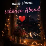 Abendgrüße Liebe Gute Nacht Bilder kostenlos Ein Gute-Nacht-Bild mit der Aufschrift Gute Nacht nach einem schönen Abend, einem roten Herz, einer brennenden Kerze, Blumen und einer LED-Lichterkette in Herzform auf der Fensterbank vor nächtlicher Stadtkulisse.