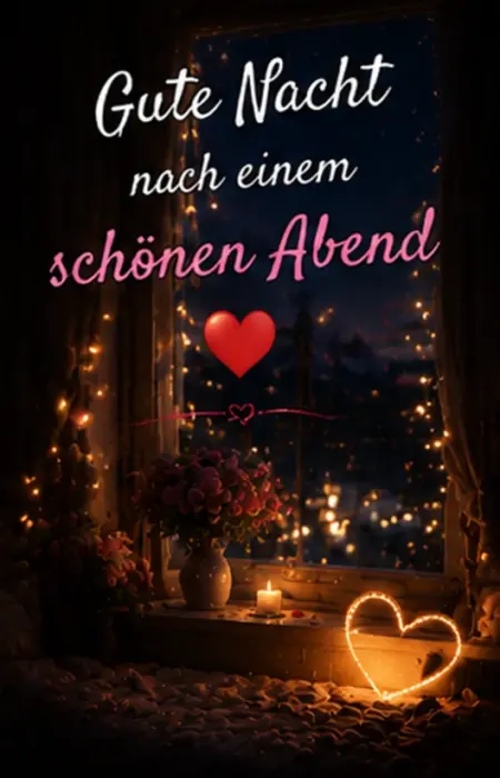 Ein Gute-Nacht-Bild mit der Aufschrift Gute Nacht nach einem schönen Abend, einem roten Herz, einer brennenden Kerze, Blumen und einer LED-Lichterkette in Herzform auf der Fensterbank vor nächtlicher Stadtkulisse.