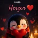 Ganz lieb Liebe Gute Nacht Bilder kostenlos Ein süßer kleiner Pinguin hält ein großes rotes Herz neben brennenden Kerzen für liebevolle Gute Nacht Grüße.