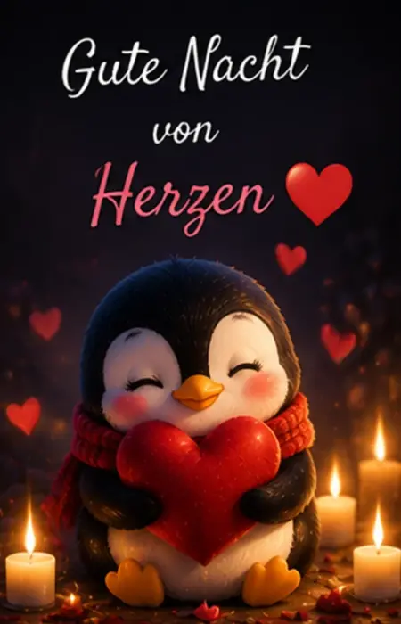 Ein süßer kleiner Pinguin hält ein großes rotes Herz neben brennenden Kerzen für liebevolle Gute Nacht Grüße.