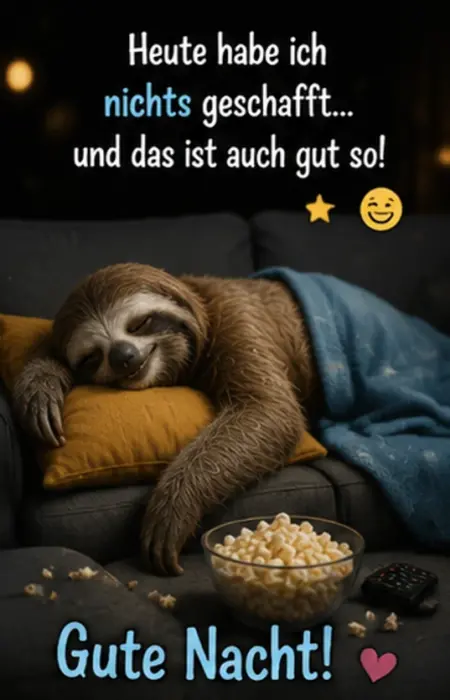 Amüsante Abendkarte für neue Gute Nacht Bilder mit einem lächelnden Faultier, das zugedeckt auf einer Couch schläft.