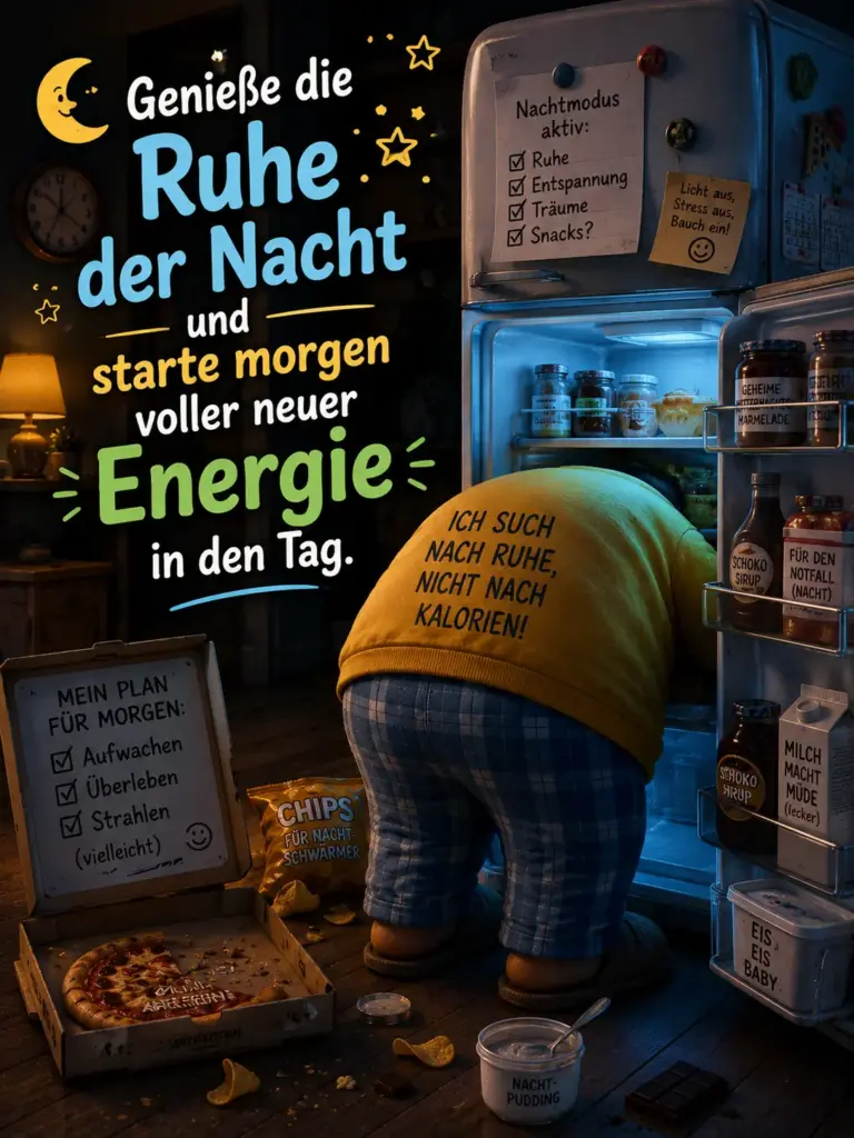 Kühle Gute Nacht Bilder – Lustiger Mitternachtssnack am Kühlschrank