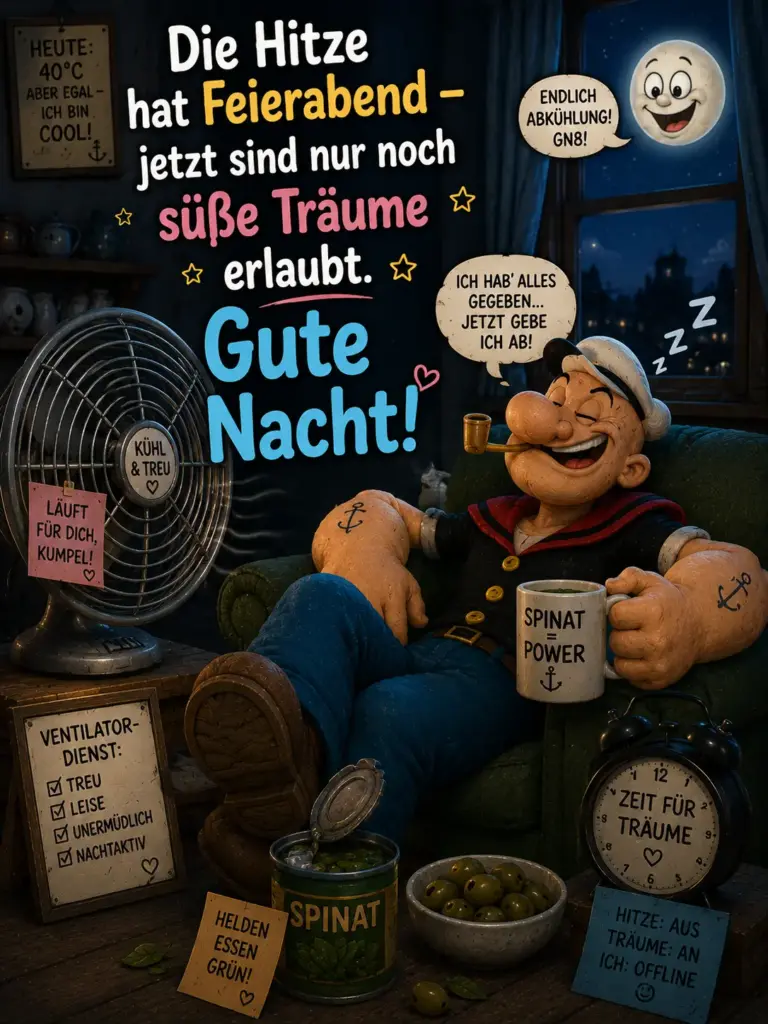 Kühle Gute Nacht Bilder – Popeye mit Ventilator und Spinat Power