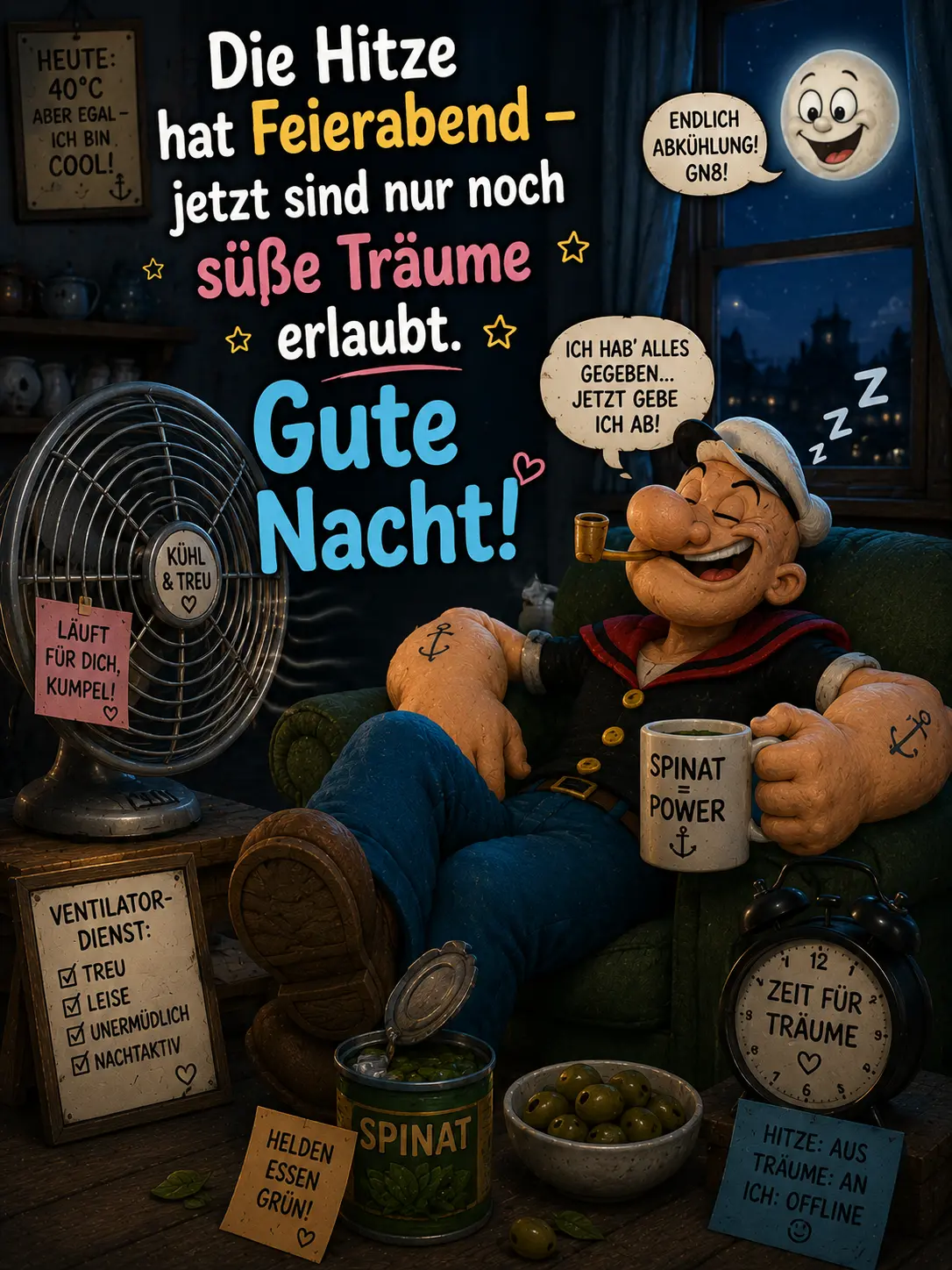 Kühle Gute Nacht Bilder – Popeye mit Ventilator und Spinat Power