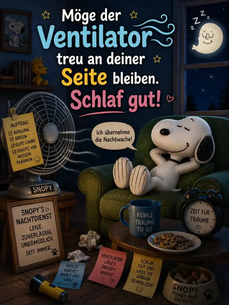 Kühle Gute Nacht Bilder – Snoopy mit Ventilator und Nachtwache Sprüchen
