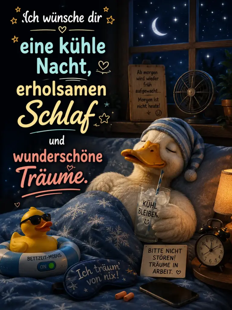 Kühle Gute Nacht Bilder – Süße Ente mit Eisgetränk im Sommerbett