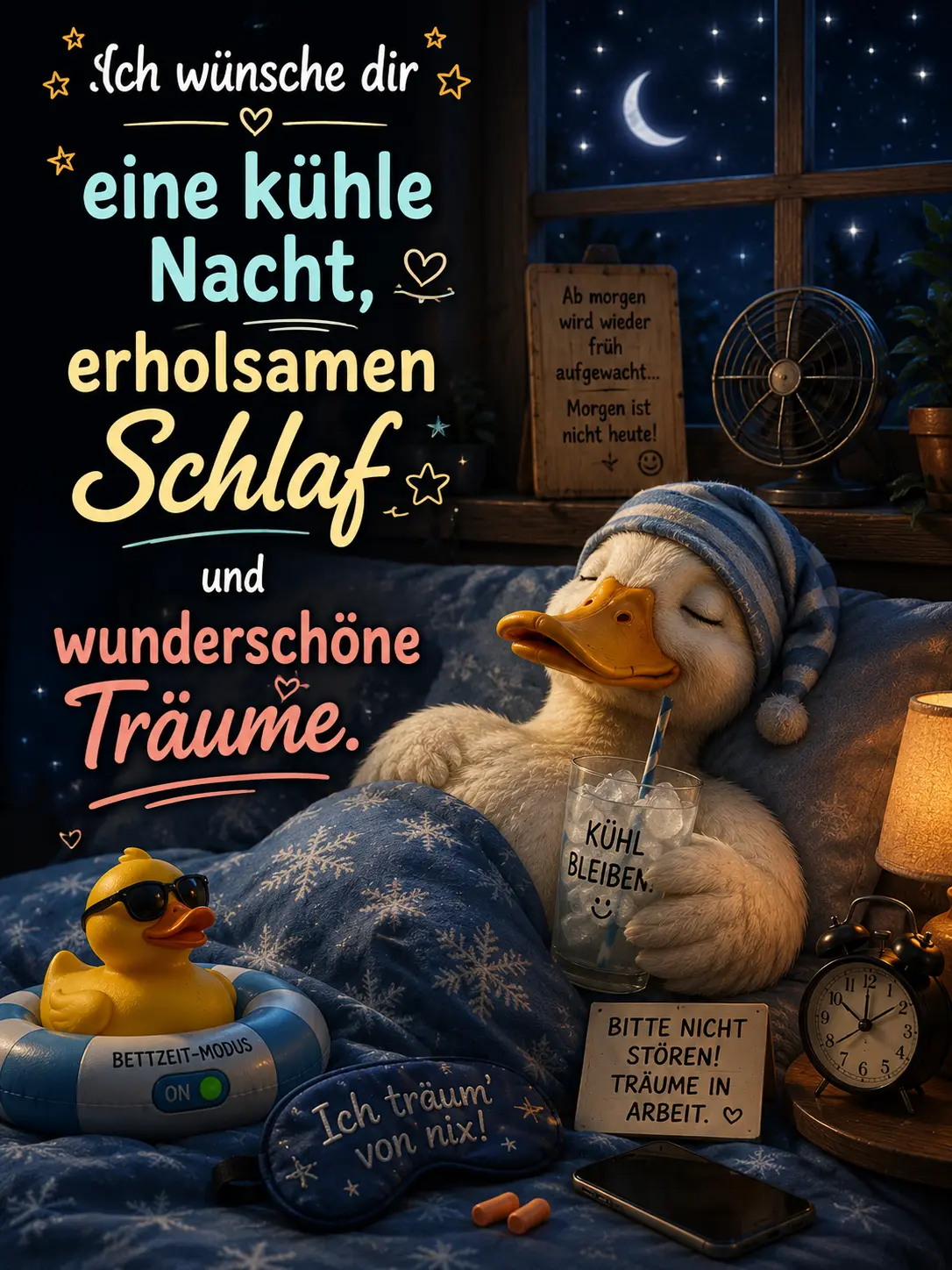 Kühle Gute Nacht Bilder – Süße Ente mit Eisgetränk im Sommerbett