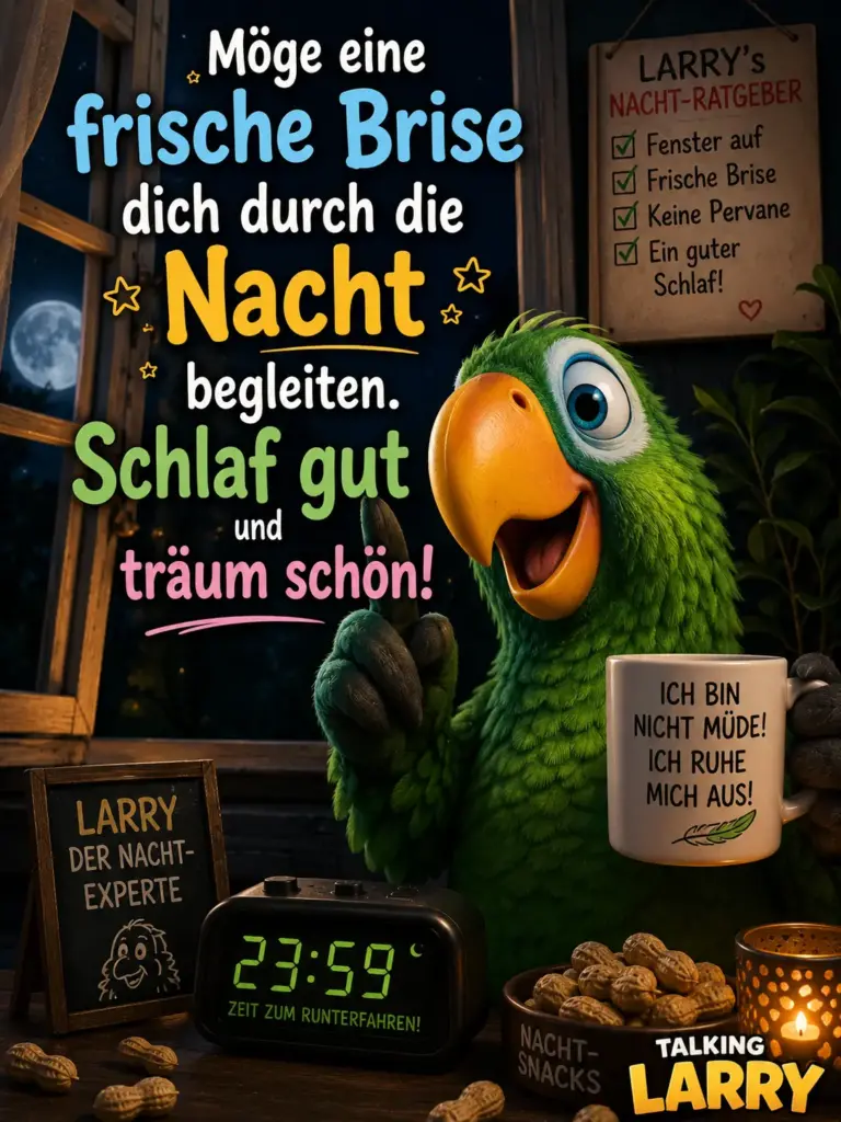 Kühle Gute Nacht Bilder – Süßer Papagei Larry mit Sommerabend Grüßen