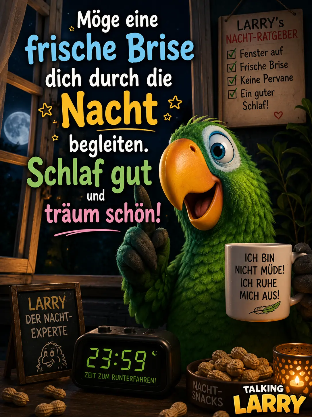 Kühle Gute Nacht Bilder – Süßer Papagei Larry mit Sommerabend Grüßen