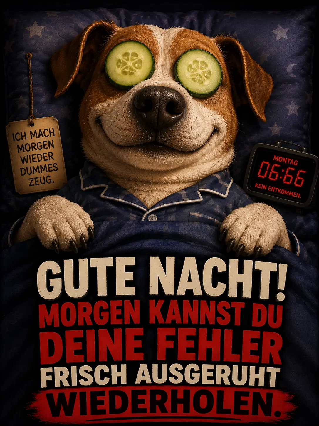 Liebe Grüße lustig Schönen Abend und Gute Nacht Bilder – Hund mit Gurkenmaske