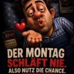 Liebe Grüße lustig Schönen Abend und Gute Nacht Bilder mit einem müden Mann im Pyjama, der einen Handkuss mit Herz wirft, einer Digitaluhr, einem Chef-Poster an der Wand und humorvollen Sprüchen über den schlaflosen Montag.