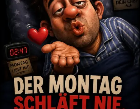 Liebe Grüße lustig Schönen Abend und Gute Nacht Bilder mit einem müden Mann im Pyjama, der einen Handkuss mit Herz wirft, einer Digitaluhr, einem Chef-Poster an der Wand und humorvollen Sprüchen über den schlaflosen Montag.