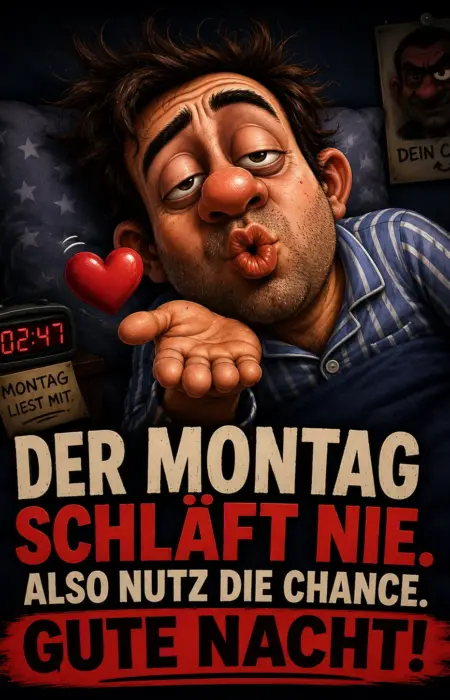 Liebe Grüße lustig Schönen Abend und Gute Nacht Bilder mit einem müden Mann im Pyjama, der einen Handkuss mit Herz wirft, einer Digitaluhr, einem Chef-Poster an der Wand und humorvollen Sprüchen über den schlaflosen Montag.