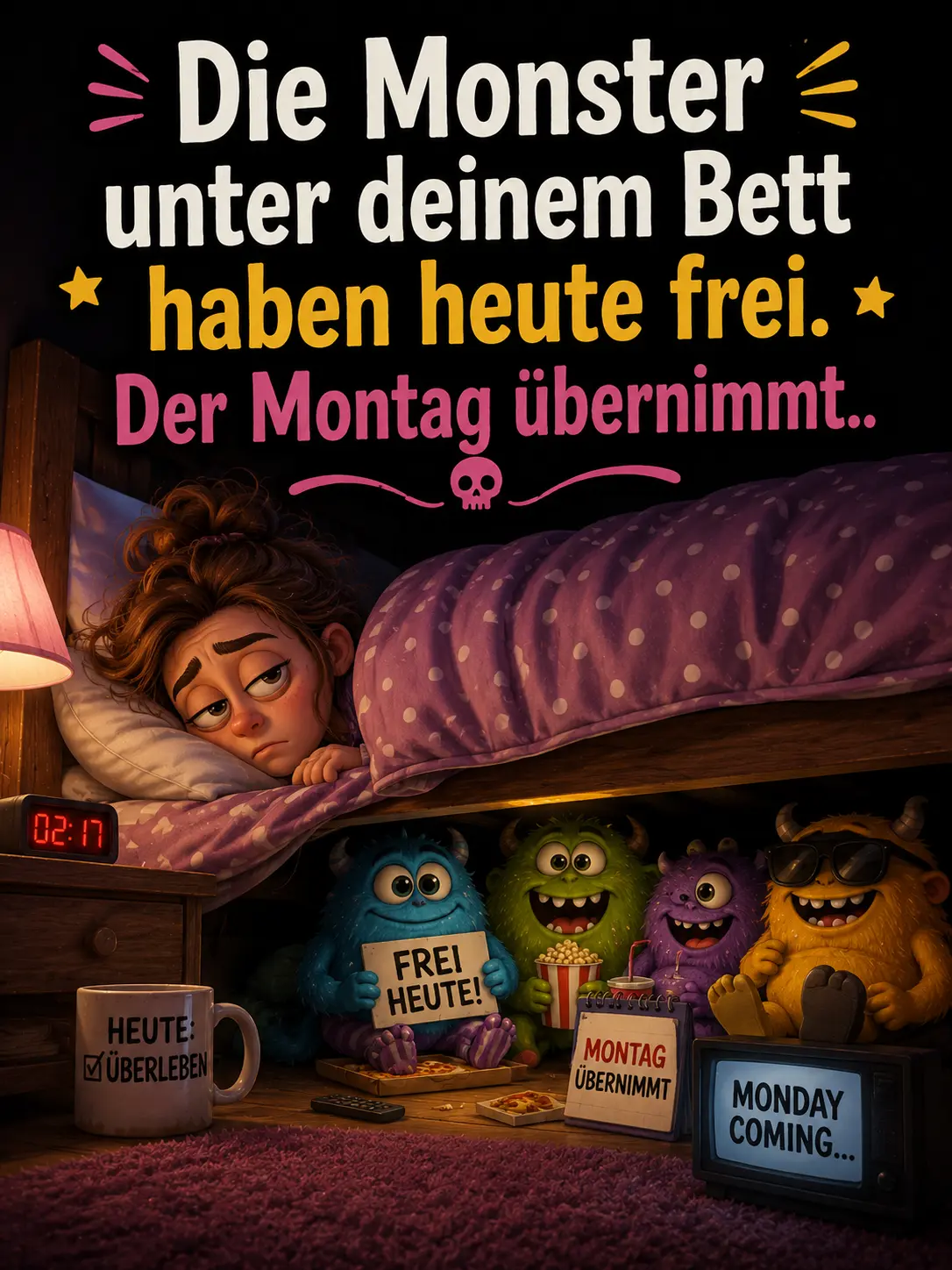 Liebe Grüße lustig Schönen Abend und Gute Nacht Bilder – Monster unter dem Bett haben frei