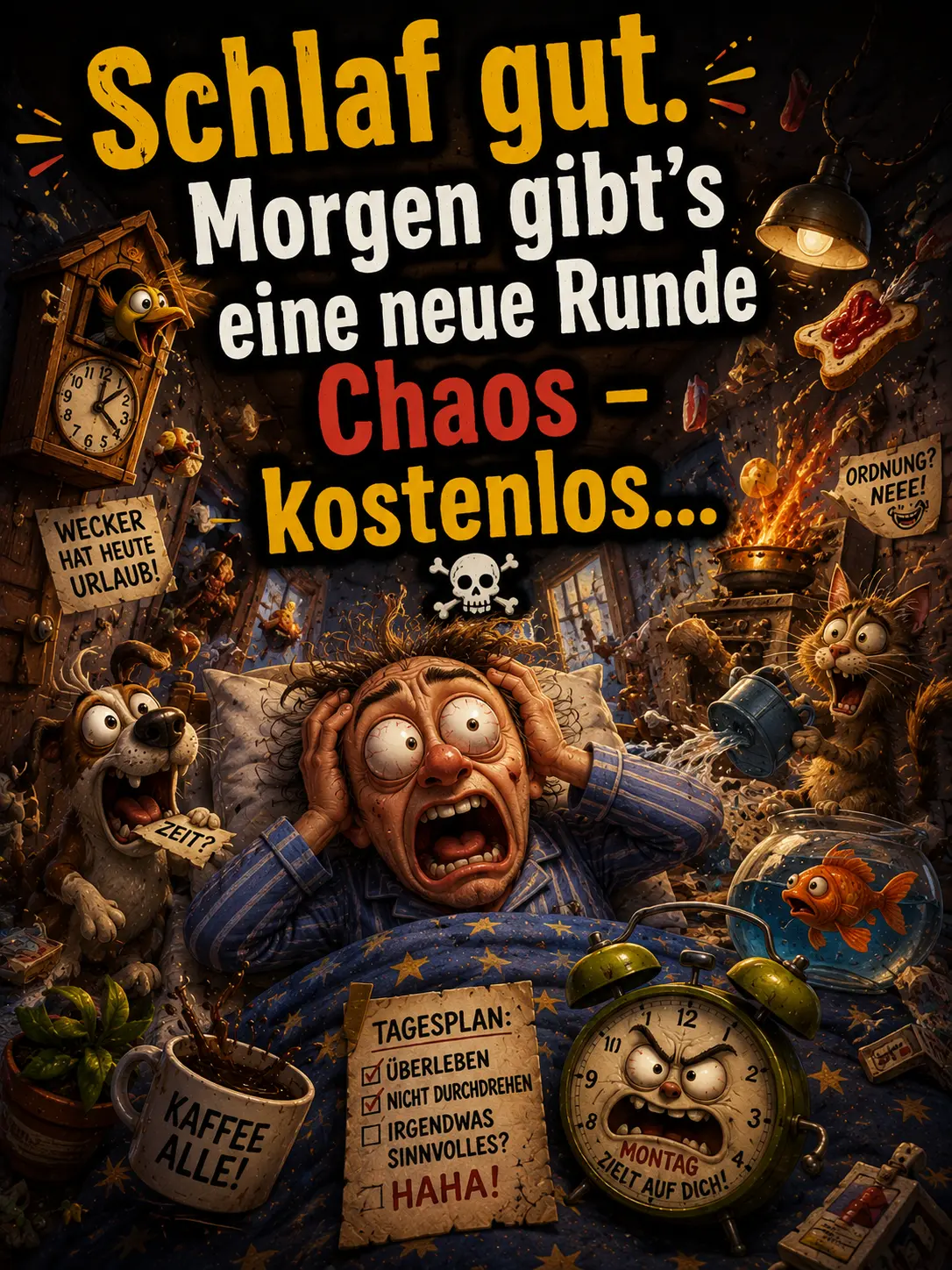 Liebe Grüße lustig Schönen Abend und Gute Nacht Bilder – Pures Chaos im Schlafzimmer
